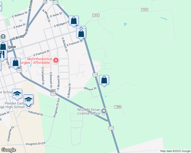 map of restaurants, bars, coffee shops, grocery stores, and more near U.S. 117 in Burgaw