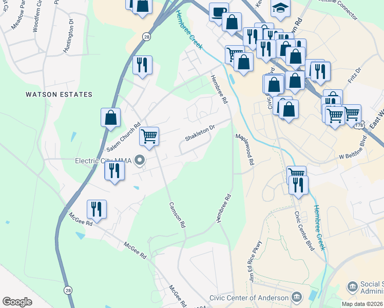 map of restaurants, bars, coffee shops, grocery stores, and more near 129 Patagonia Road in Anderson