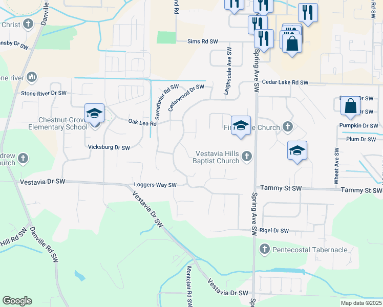 map of restaurants, bars, coffee shops, grocery stores, and more near 3210 Trails End Southwest in Decatur