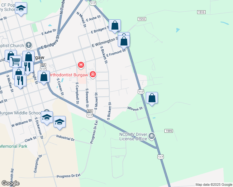map of restaurants, bars, coffee shops, grocery stores, and more near 801 Robinwood Street in Burgaw