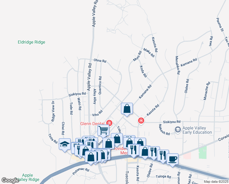 map of restaurants, bars, coffee shops, grocery stores, and more near 16321 Siskiyou Road in Apple Valley