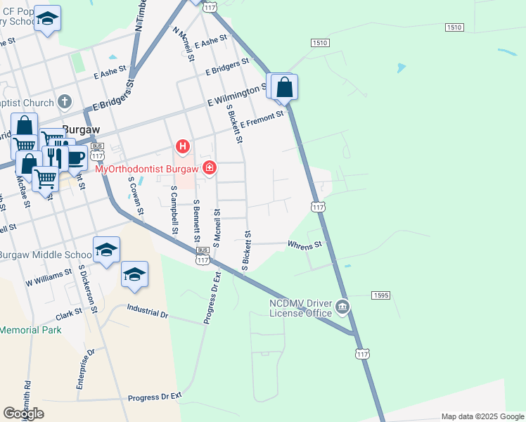 map of restaurants, bars, coffee shops, grocery stores, and more near 801 Robinwood Street in Burgaw