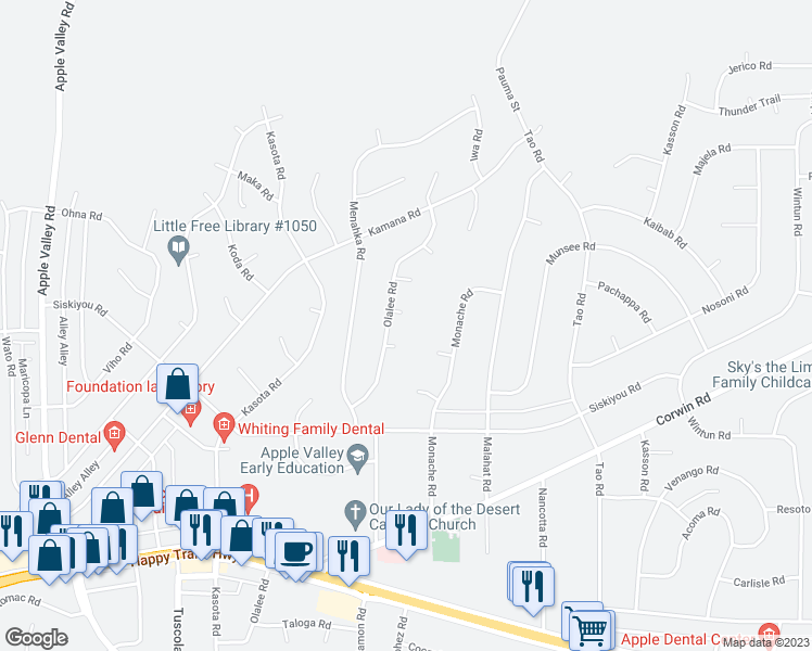 map of restaurants, bars, coffee shops, grocery stores, and more near 18551 Olalee Way in Apple Valley