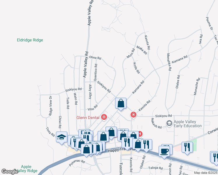 map of restaurants, bars, coffee shops, grocery stores, and more near 16321 Siskiyou Road in Apple Valley