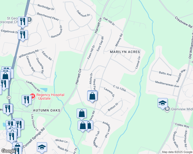 map of restaurants, bars, coffee shops, grocery stores, and more near 120 Herd Park Court in Anderson