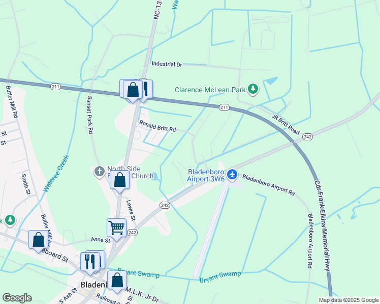 map of restaurants, bars, coffee shops, grocery stores, and more near 416 Ronald Britt Road in Bladenboro