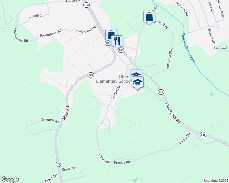 map of restaurants, bars, coffee shops, grocery stores, and more near 230 Jordan Road in Toccoa