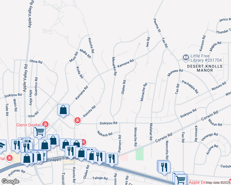 map of restaurants, bars, coffee shops, grocery stores, and more near 16323 Menahka Road in Apple Valley