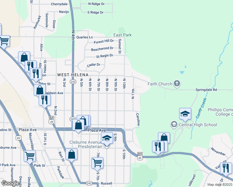 map of restaurants, bars, coffee shops, grocery stores, and more near 813 East Baldwin Avenue in Helena-West Helena