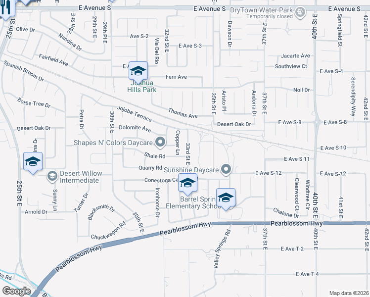 map of restaurants, bars, coffee shops, grocery stores, and more near 36717 33rd Street East in Palmdale