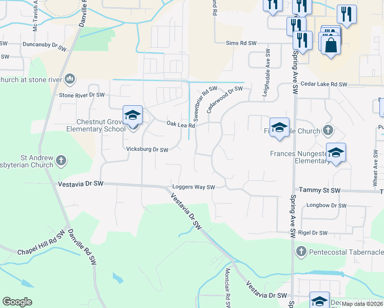 map of restaurants, bars, coffee shops, grocery stores, and more near 3215 Sweetbriar Road Southwest in Decatur