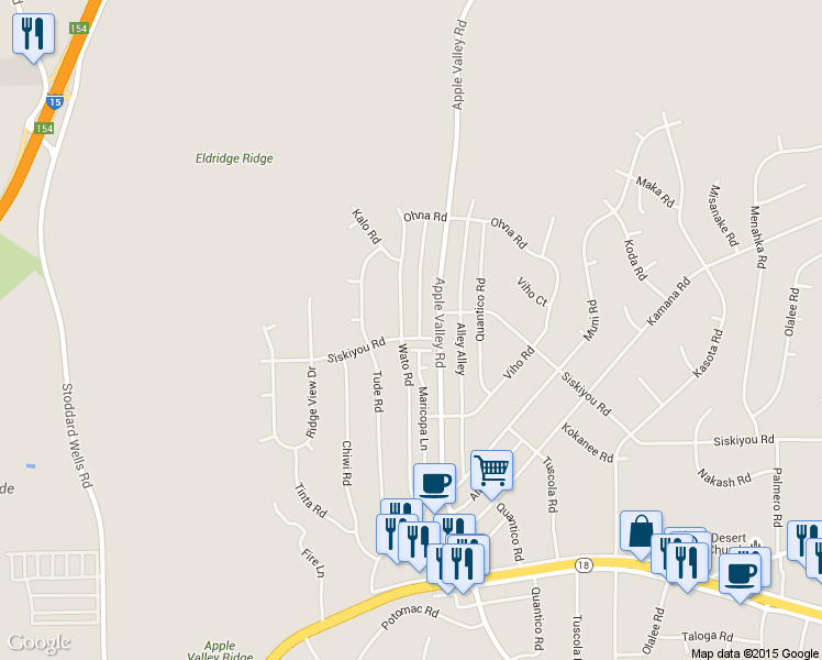 map of restaurants, bars, coffee shops, grocery stores, and more near 17879 Siskiyou Road in Apple Valley
