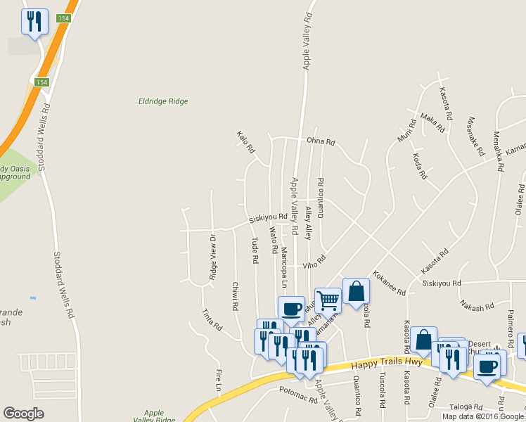 map of restaurants, bars, coffee shops, grocery stores, and more near 17786 Siskiyou Road in Apple Valley