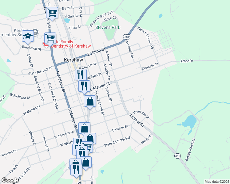 map of restaurants, bars, coffee shops, grocery stores, and more near 117 South Ashe Street in Kershaw