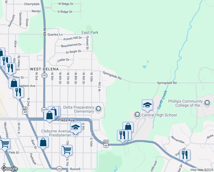 map of restaurants, bars, coffee shops, grocery stores, and more near 1219 East Baldwin Avenue in Helena-West Helena