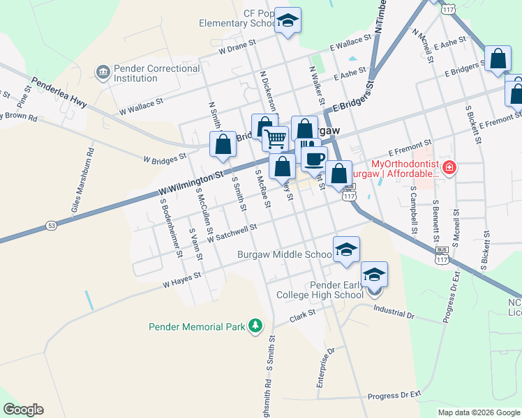 map of restaurants, bars, coffee shops, grocery stores, and more near 207 South McRae Street in Burgaw