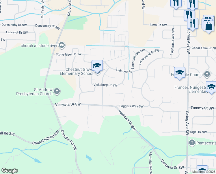 map of restaurants, bars, coffee shops, grocery stores, and more near 3301 Cedar Cove Southwest in Decatur