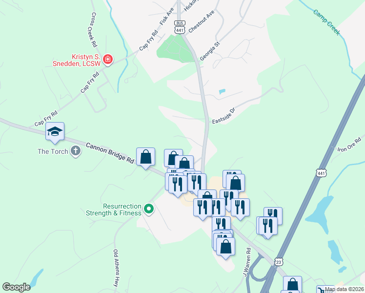 map of restaurants, bars, coffee shops, grocery stores, and more near 177 Hardyville Circle in Cornelia