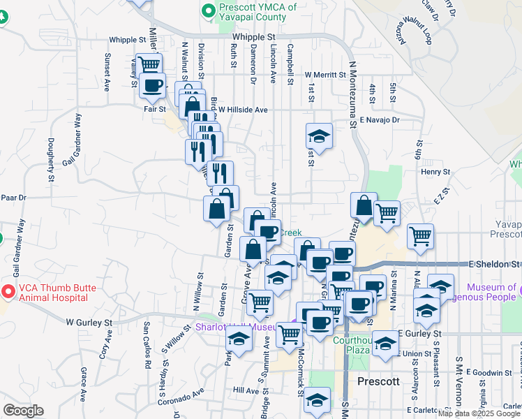 map of restaurants, bars, coffee shops, grocery stores, and more near 531 Madison Ave in Prescott