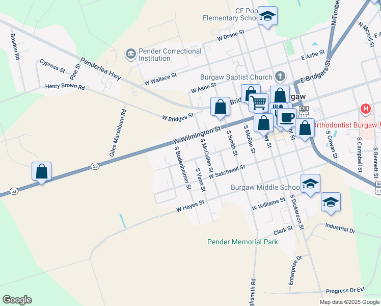 map of restaurants, bars, coffee shops, grocery stores, and more near 700 West Fremont Street in Burgaw