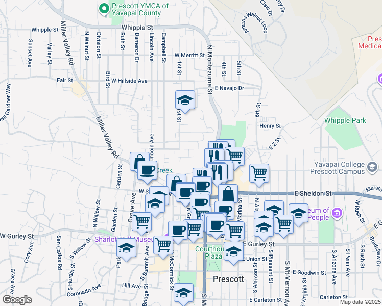 map of restaurants, bars, coffee shops, grocery stores, and more near 229 Madison Avenue in Prescott
