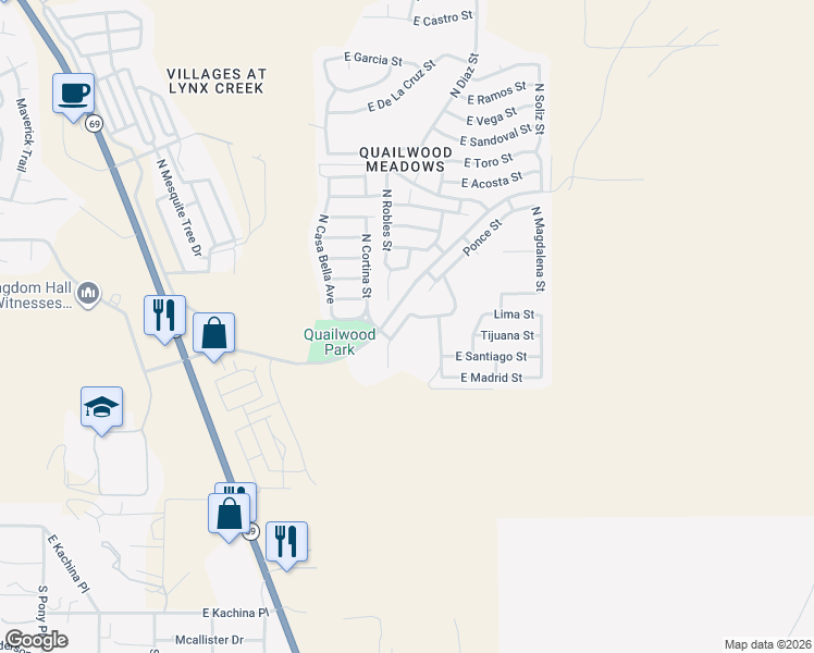 map of restaurants, bars, coffee shops, grocery stores, and more near 368 La Paz Street in Prescott Valley