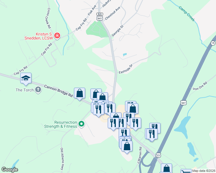 map of restaurants, bars, coffee shops, grocery stores, and more near 177 Hardyville Circle in Cornelia