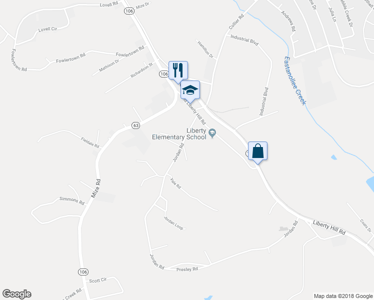 map of restaurants, bars, coffee shops, grocery stores, and more near 45 Field Road in Toccoa