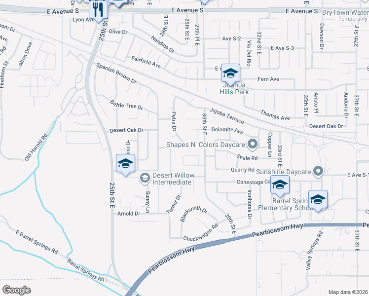map of restaurants, bars, coffee shops, grocery stores, and more near 2763 Buttercup Drive in Palmdale