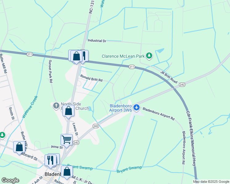 map of restaurants, bars, coffee shops, grocery stores, and more near 409 Ronald Britt Road in Bladenboro