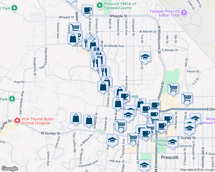 map of restaurants, bars, coffee shops, grocery stores, and more near 439 Miller Valley Road in Prescott