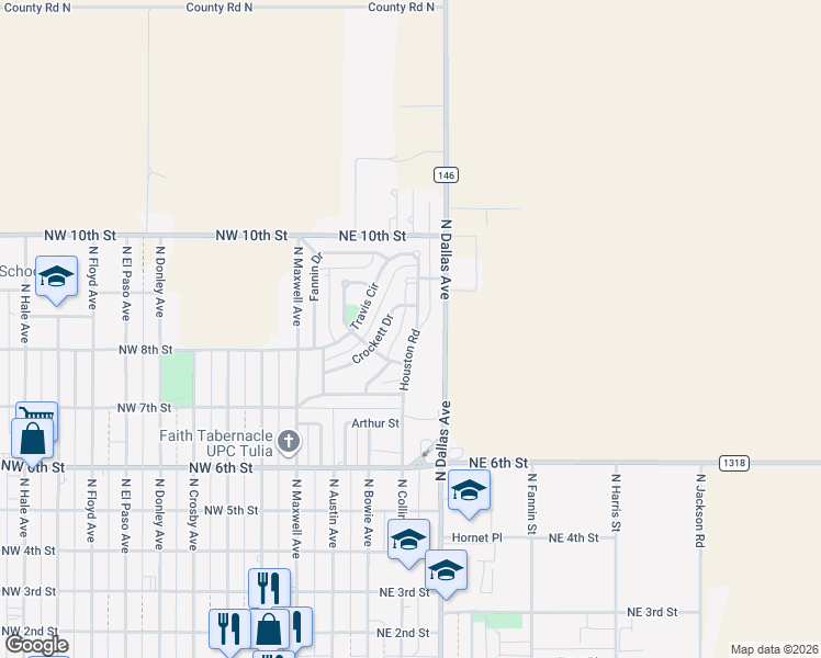 map of restaurants, bars, coffee shops, grocery stores, and more near 73 Houston Road in Tulia