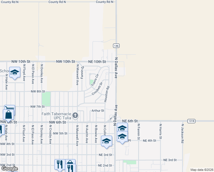 map of restaurants, bars, coffee shops, grocery stores, and more near 73 Houston Road in Tulia