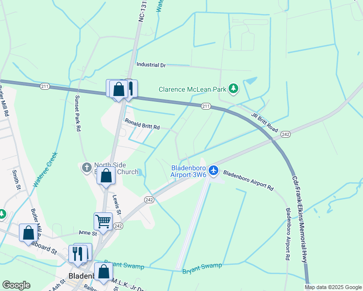 map of restaurants, bars, coffee shops, grocery stores, and more near 409 Ronald Britt Road in Bladenboro
