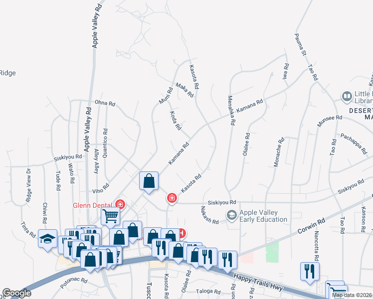 map of restaurants, bars, coffee shops, grocery stores, and more near 16333 Kamana Road in Apple Valley