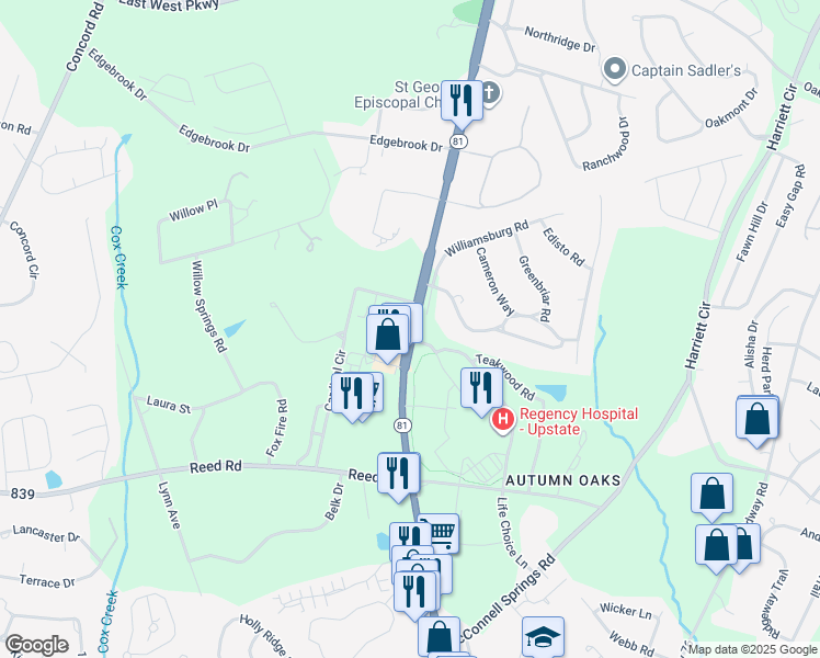 map of restaurants, bars, coffee shops, grocery stores, and more near 2530 East Greenville Street in Anderson