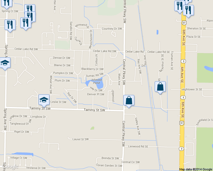 map of restaurants, bars, coffee shops, grocery stores, and more near 3120 Sumac Road Southwest in Decatur