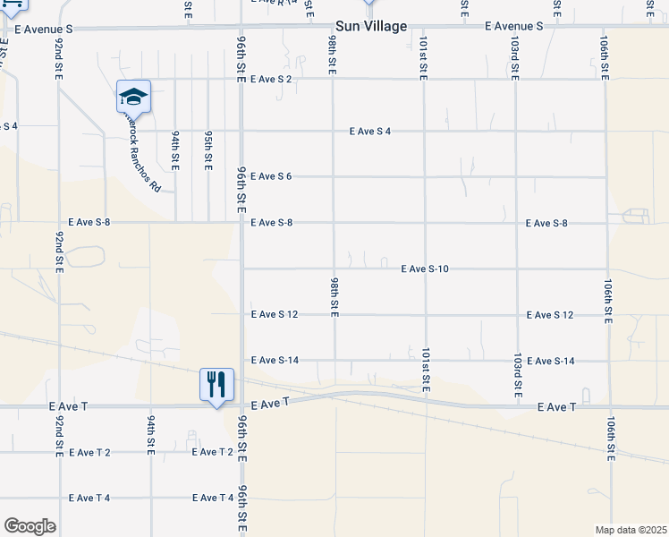 map of restaurants, bars, coffee shops, grocery stores, and more near 98th Street East in Los Angeles County