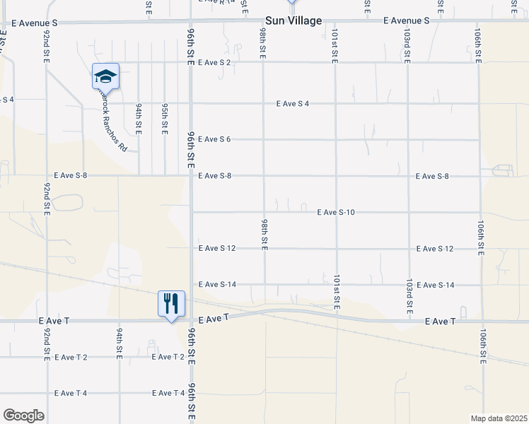 map of restaurants, bars, coffee shops, grocery stores, and more near 98th Street East in Los Angeles County