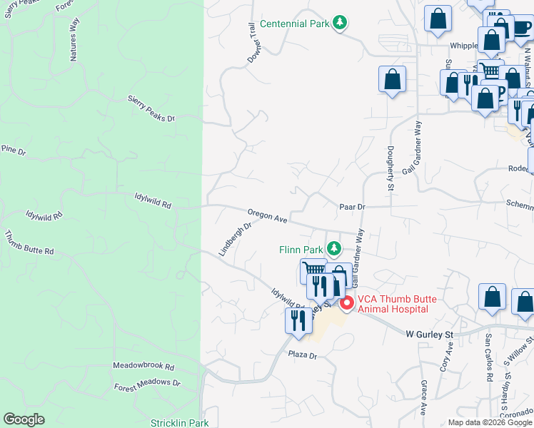 map of restaurants, bars, coffee shops, grocery stores, and more near 398 Lindbergh Dr in Prescott