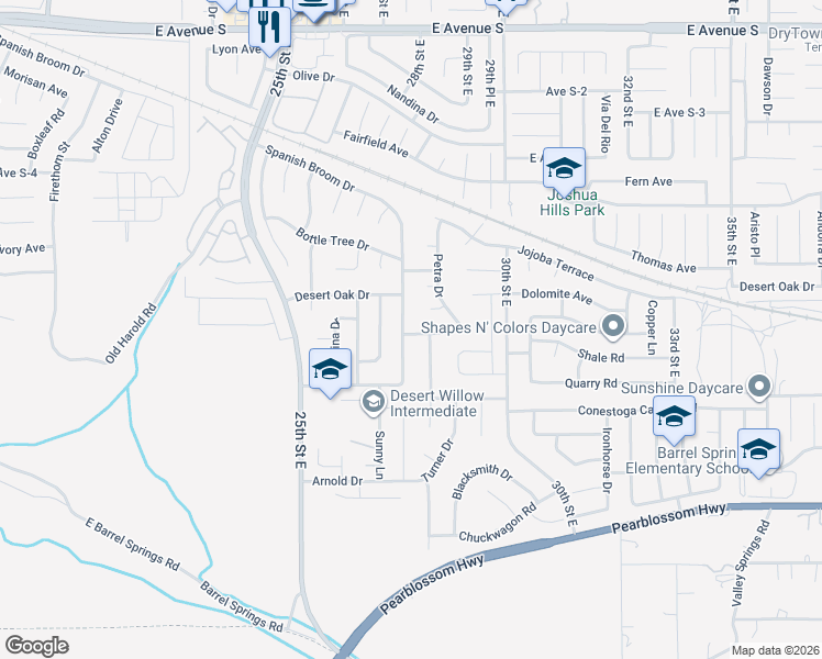 map of restaurants, bars, coffee shops, grocery stores, and more near 36664 Spanish Broom Drive in Palmdale