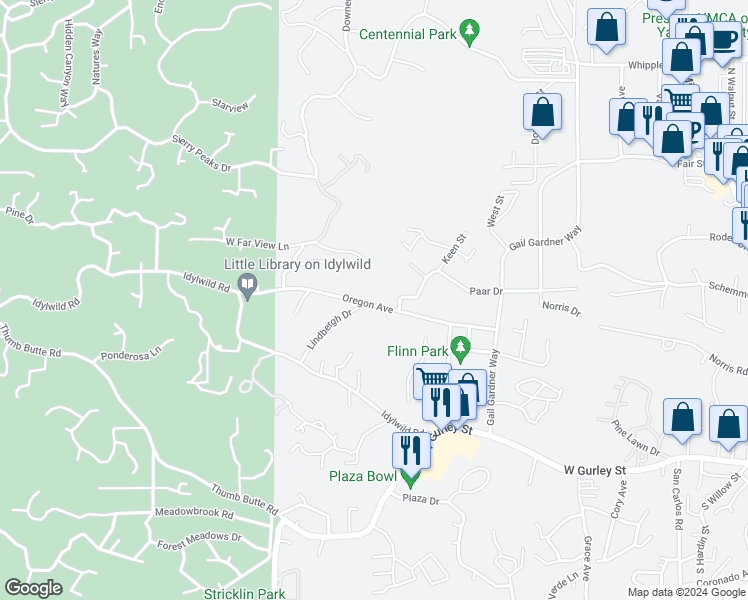 map of restaurants, bars, coffee shops, grocery stores, and more near 1628 Oregon Avenue in Prescott