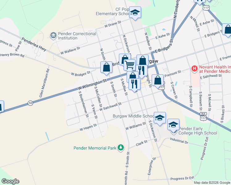map of restaurants, bars, coffee shops, grocery stores, and more near 205 South Smith Street in Burgaw