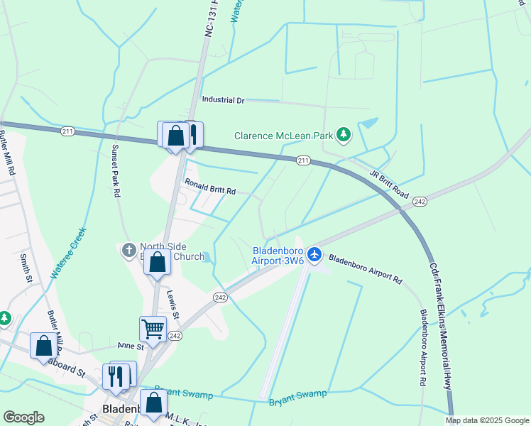 map of restaurants, bars, coffee shops, grocery stores, and more near 375 Ronald Britt Road in Bladenboro