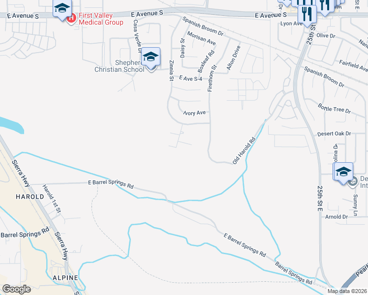 map of restaurants, bars, coffee shops, grocery stores, and more near 1832 Quartzite Court in Palmdale