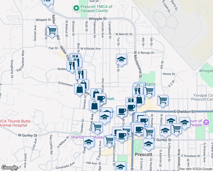 map of restaurants, bars, coffee shops, grocery stores, and more near 435 Lincoln Avenue in Prescott