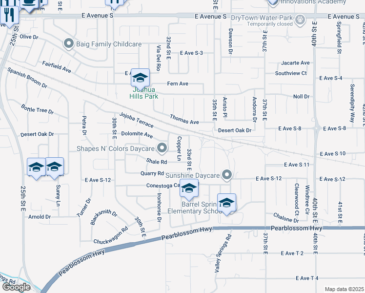 map of restaurants, bars, coffee shops, grocery stores, and more near 36736 Copper Lane in Palmdale