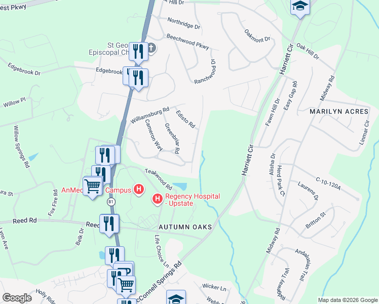 map of restaurants, bars, coffee shops, grocery stores, and more near 104 Fox Creek Road in Anderson