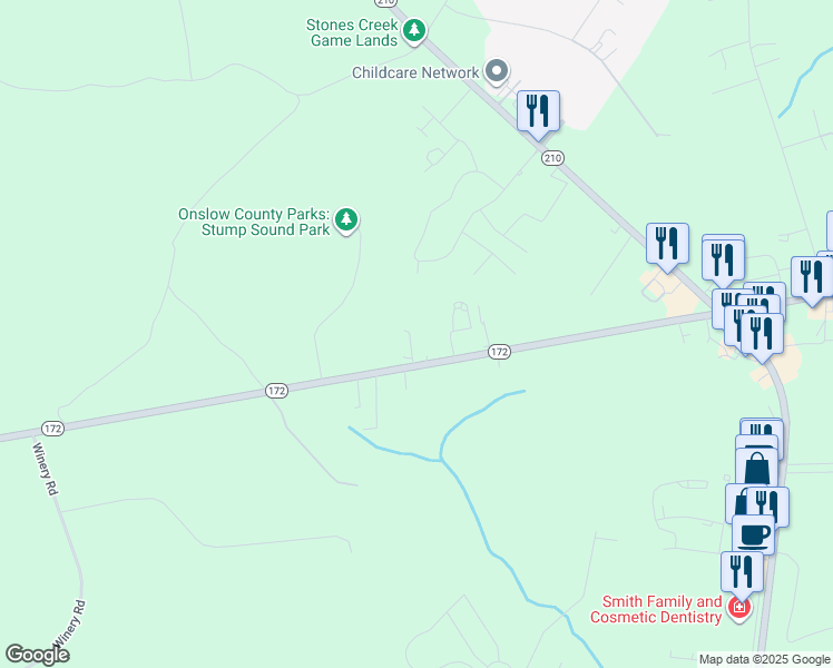 map of restaurants, bars, coffee shops, grocery stores, and more near 1817 North Carolina 172 in Sneads Ferry