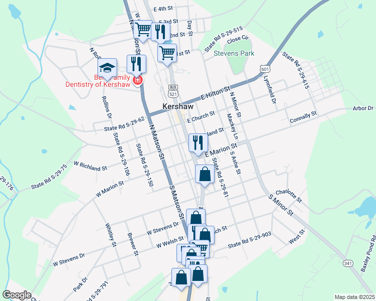 map of restaurants, bars, coffee shops, grocery stores, and more near 101 North Hampton Street in Kershaw